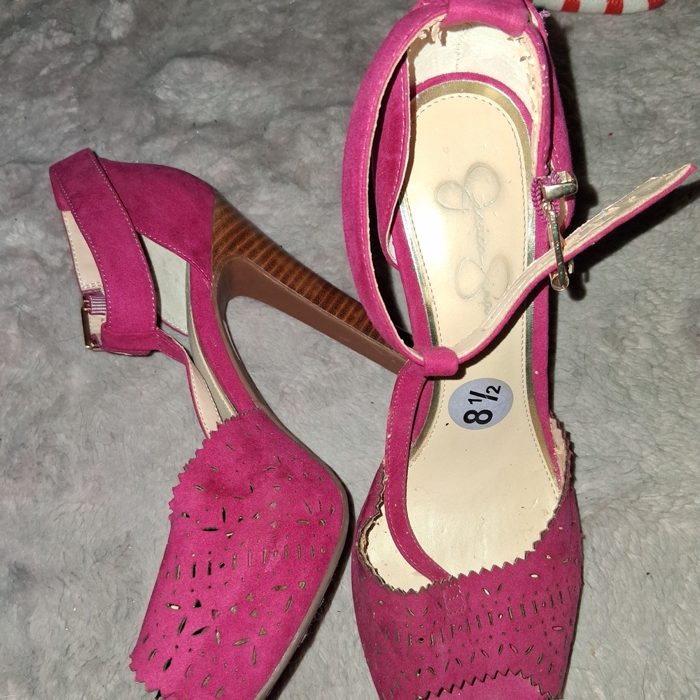 Jessica Simpson Fuchsia Suede T-Strap Block Heels